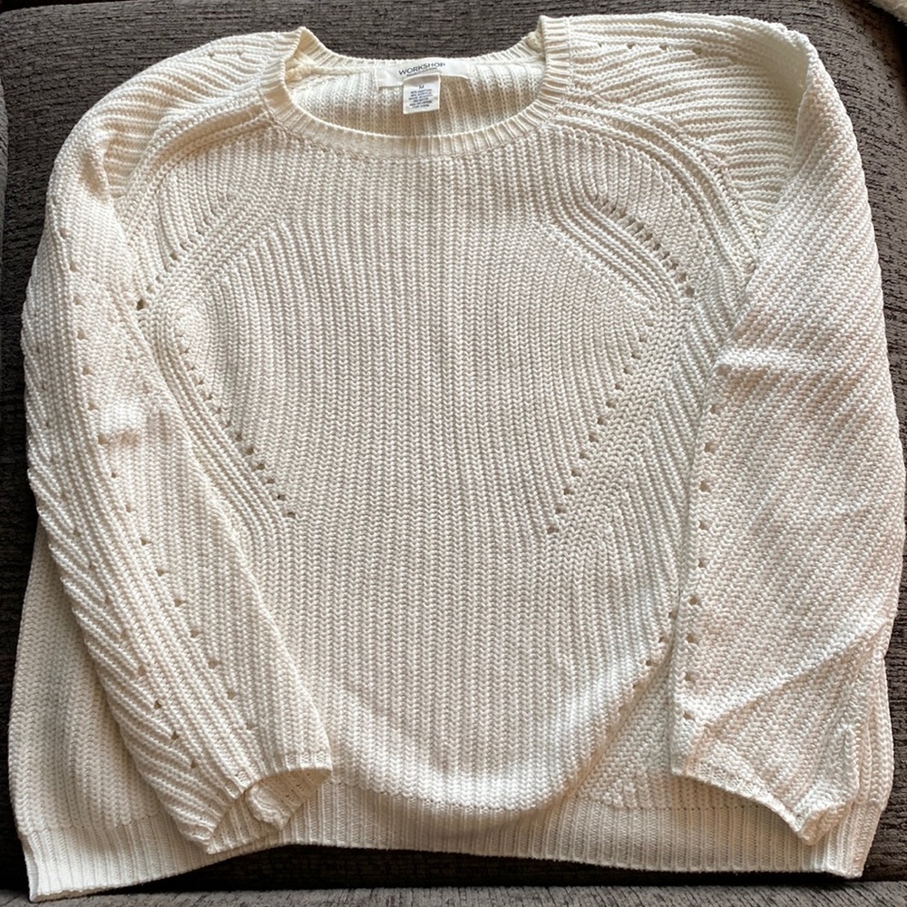 Workshop | Size Medium | Women's Chunky Ivory Knit Crewneck Sweater Cottagecore